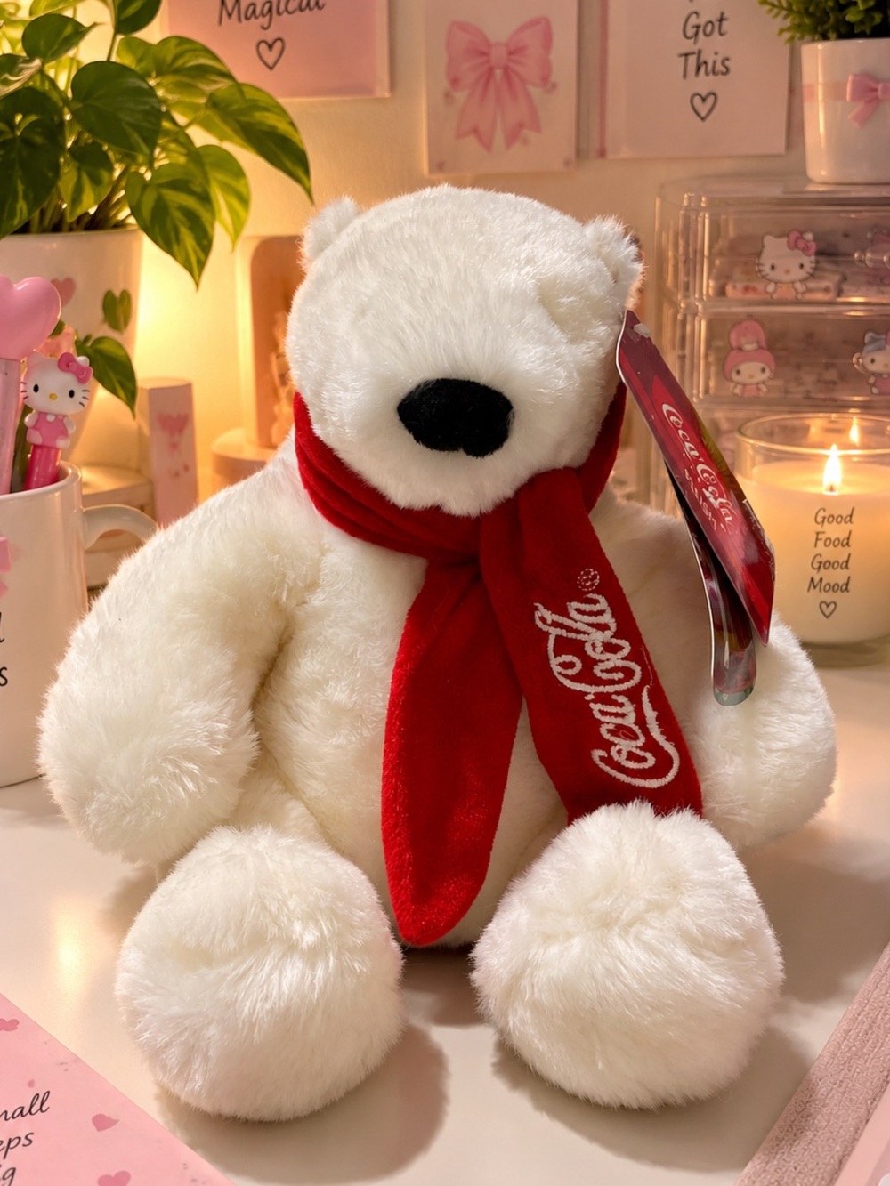 Coca Cola White Plush Polar Bear with Red Scarf - Kids Accessory Plush